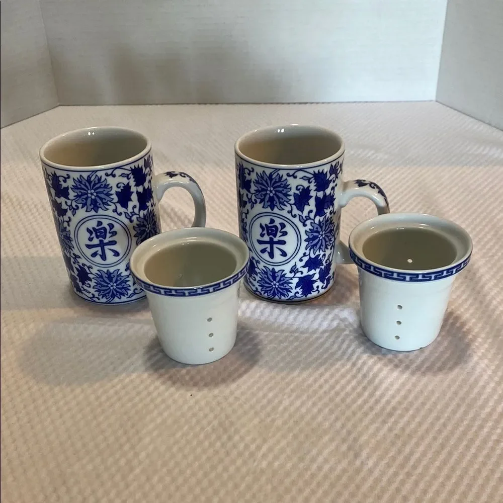 Pier 1 Blue and White “Happiness” Japanese Porcelain Tea Mug Set